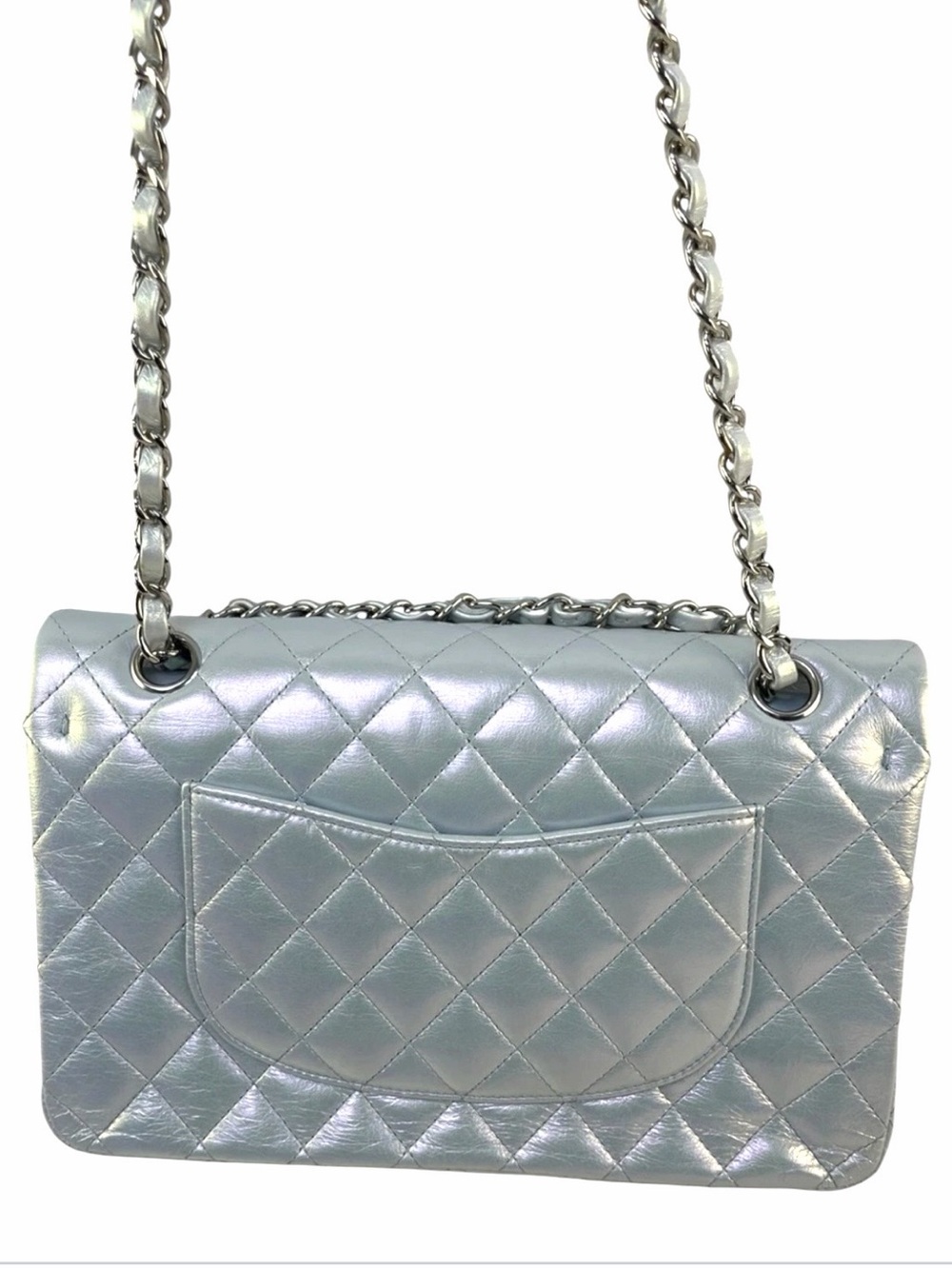 CHANEL Iridescent Light Blue Classic Double Flap Medium Silver Hardware Rare - Picture 3 of 8
